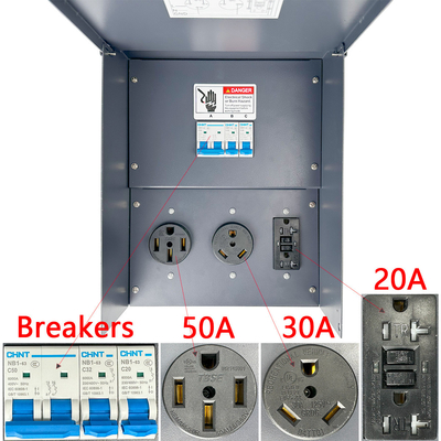 Syntax Temporary Power Outlet Panel Weatherproof RV Pedestal Electrical Breaker With 20A 30A 50 AMP Receptacles